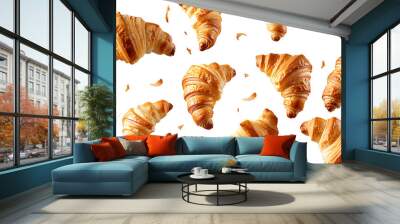 Croissants that fresh and delicious falling in the air isolated on withe background, Breakfast time, popular plain croissant breads, png file Wall mural