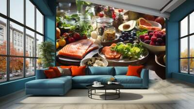 Elegant dining table with a variety of healthy and colorful foods, perfect for a brunch Wall mural