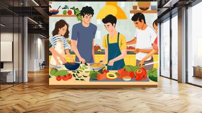 Families  cooking together, preparing fresh ingredients, or enjoying a homemade meal Wall mural