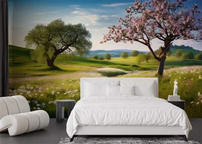 Idyllic countryside scene with a winding dirt road and wildflowers in bloom Wall mural