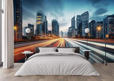 Light flow of traffic on a evening highway in a city with modern high buildings Wall mural