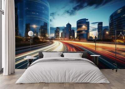 Light flow of traffic on a evening highway in a city with modern high buildings Wall mural