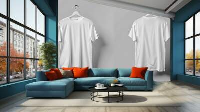 mockup of a white T-shirt on a hanger, isolated on a plain background, front and back views Wall mural