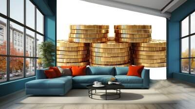 Realistic stack of gold coins with detailed textures, isolated on a white background Wall mural