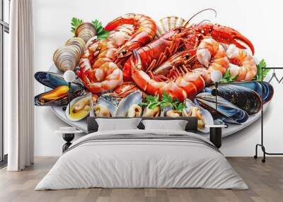 Seafood platter with fresh prawns, clams, mussels, and squid, detailed and vibrant, isolated on a white background  Wall mural