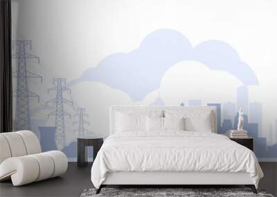 Electric towers and city skyline, high voltage power line pylons, town power supply, vector Wall mural