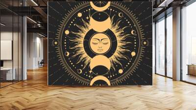 Lunar phase and mystic dreaming sun with closed eyes, astrology symbol, sun with face and moon, tarot magic and mystery, vector Wall mural