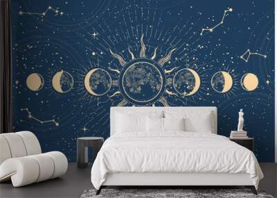 Lunar phases and moon eclipse, mystical moon in space, astrology and horoscope background, oneiromancy, vector Wall mural