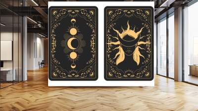 The reverse side of a tarot cards batch, pattern with blindfold witch face and lunar phases, esoteric and mystic symbols, sorcery, vector Wall mural