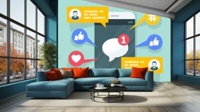 Viral content, smm and social activity - likes, shares and comments popping up on the mobile screen. Wall mural