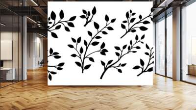 Tree Brunch Silhouettes Icon Set Isolated. Black and White Twig with Leaves Collection. Design Decorative Elements. Spring, Summer Leaves, Brunches, Plants, Leaves, Herbs. Vector Illustration Wall mural