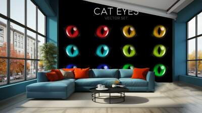 Vector 3d Realistic Cat s Eye of a Black Cat. Red, Yellow, Blue, Green Cat Eyes on Black Set. Cat Look in the Dark Closeup Wall mural