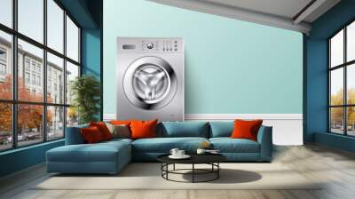 Vector 3d Realistic Modern White Steel Washing Machine Closeup. Design Template of Wacher. Front View, Laundry Concept Wall mural