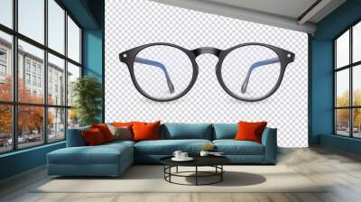 Vector 3d Realistic Plastic Round Black Rimmed Eye Glasses Icon Closeup Isolated on Transparent Background. Women, Men, Unisex Accessory. Optics, Health Concept. Design Template, Mockup. Front View Wall mural