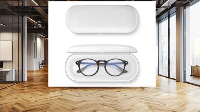 Vector 3d Realistic Plastic Round Black Rimmed Eye Glasses in White Case Box Set Closeup Isolated on White Background. Women, Men, Unisex Accessory. Optics, Health Concept. Design Template for Mockup Wall mural