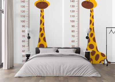 Vector Cartoon Cute Giraffe with Ruler, Growth Meter. Baby Set. Full Length Giraffe, Design Template. Child, Kid Concept. Tall Funny Hand Drawn Giraffe. Children s Illustration Wall mural