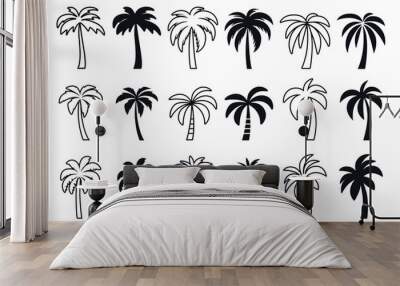 Vector Monochrome Hand-Drawn Palm Tree Icon Set. Single Color Palm Illustrations for Cutting, Tattoo Designs. Minimalist Palm Art, Design Elements. Palm Tree Clipart, Vector Illustration Wall mural