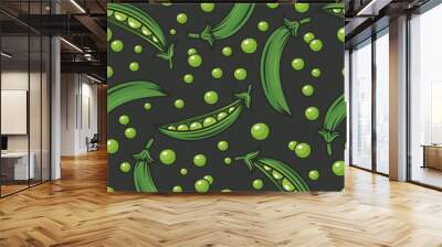 Vector Seamless Pattern with Flat Green Pea Pod. Cartoon Green Peas Design Template for Textile, Wallpaper, Culinary Packaging Wall mural