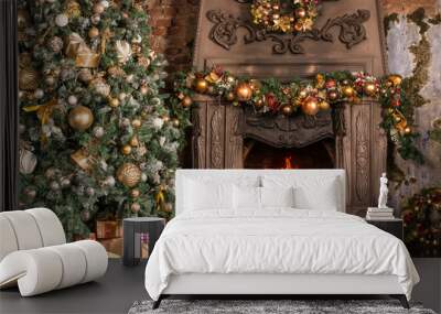 Christmas room, fireplace with fire and Christmas tree with decorations Wall mural