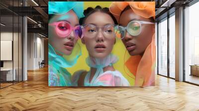 Three fashion models with vibrant makeup and accessories, posing in a studio. Ideal for fashion, beauty, and editorial themes. Generated AI Wall mural