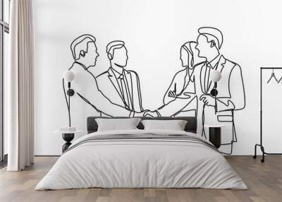 continuous line drawing concept of business people meeting with handshake. vector - Vector Wall mural