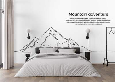 Continuous line drawing of a mountainous landscape. Minimalist horizon with mountain peaks in simple single line style. Winter sports adventure concept in doodle style. Editable strokes. Wall mural