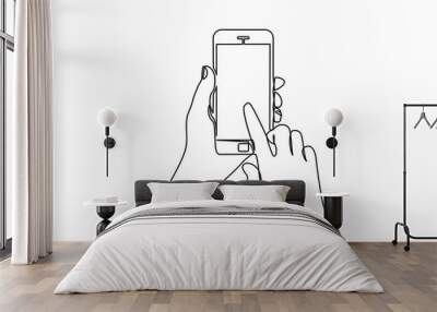 continuous line drawing of  hand typing on mobile phone isolated on white background. hand holding a modern smartphone and pointing with finger.  Wall mural