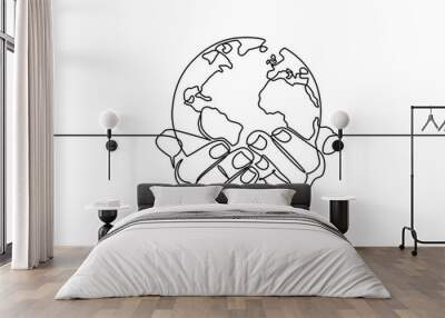 Continuous line drawing of hands holding Earth globe. vector illustration for banner, poster, web, template, business card. Black thin line image of hands holding Earth globe icon - Vector Wall mural