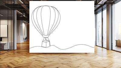 Continuous line drawing of hot air balloon in sky with clouds. hot air balloon icon in single line doodle style.One line design, hot air balloon in the sky with clouds background Wall mural