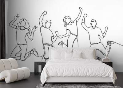 continuous line drawing of jumping happy team members. happiness, freedom, motion and people concept. smiling young friends. jumping in air. vector Wall mural