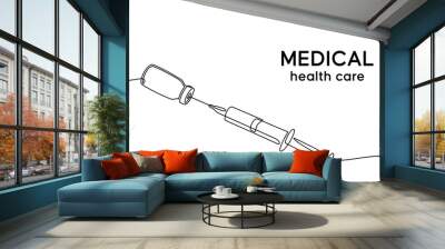 Continuous line drawing of medical health concept. Medical syringe concept with vaccine bottle in doodle style. Syringe, Vaccine vial, anti virus, Stethoscope isolated on a transparent background. Wall mural