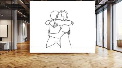 Continuous line drawings of cheerful friends embracing each other. Two young guys hugging each other. Feel happy friends meet with hugs isolated on white background. hugging. embracing. Vector Wall mural