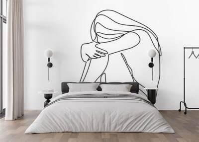 Continuous line drawings of young woman feeling sad, tired and worried about suffering from depression in mental health. problems, failures and concepts of heartbreak isolated on white background Wall mural