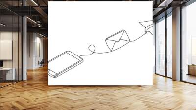 Continuous one line drawing of a chat messages on smartphone. Smartphone device concept sending instant message with flying envelope and paper airplane in doodle style. vector illustration Wall mural