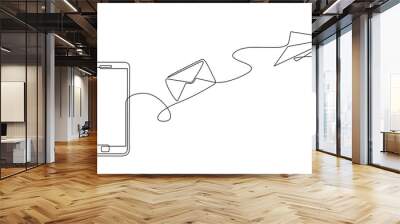 Continuous one line drawing of a chat messages on smartphone. Smartphone device concept sending instant message with flying envelope and paper airplane in doodle style. vector illustration Wall mural