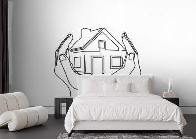 Continuous one line drawing of a hands holding a miniature house. Hand-carried small house miniature, perfect for real estate home sales marketing in doodle style Wall mural