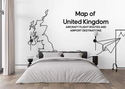 Continuous one line drawing of United kingdom domestic aircraft flight routes. United kingdom map icon and airplane path of airplane flight route with starting point location. vector illustration Wall mural