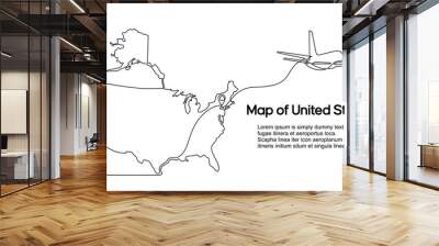 Continuous one line drawing of United States domestic aircraft flight routes. US map icon and airplane path of airplane flight route with starting point location and single line trail in doodle style Wall mural