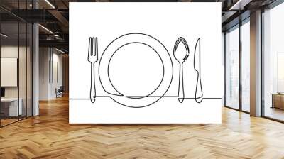 Continuous one line drawing.Forks, spoons, knife plates and all eating and cooking utensils, can be used for restaurant logos, cakes, business cards, banners and others. Black and white vector illustr Wall mural