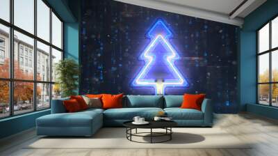 Neon christmas tree with digital glitch effect 3D rendering illustration Wall mural