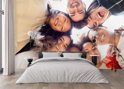 Best friends having fun concept multiethnic teen friends group looking down Wall mural