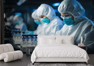 Pharmaceutical workers or technologists in protective equipment controlling the quality of vaccine production in a factory Wall mural