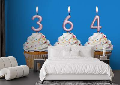 Birthday Cupcakes With Candles Lit Forming The Number 364 Wall mural