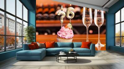 Cupcake With Numbers And Glasses With Wine For Birthday Or Anniversary Wall mural