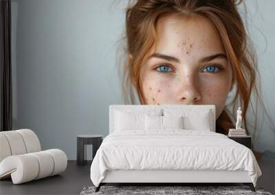 A young woman with acne problem on a light background with a space for text, close-up. Acne, pimples, hormonal failure, menstruation, acne treatment, squeeze out pimples, cosmetology Wall mural