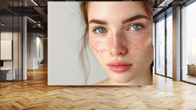 A young woman with acne problem on a light background with a space for text, close-up. Acne, pimples, hormonal failure, menstruation, acne treatment, squeeze out pimples, cosmetology Wall mural