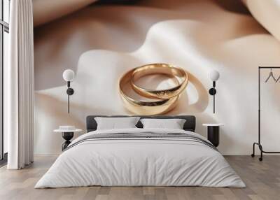 Two gold wedding rings on silk fabric, wedding Wall mural