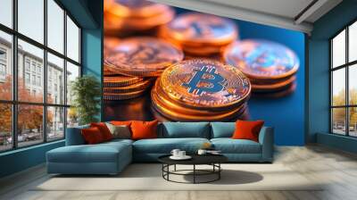 A collection of shiny Bitcoin coins stacked on a reflective surface. Wall mural