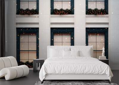 A festive building facade with decorated windows and a serene ambiance. Wall mural