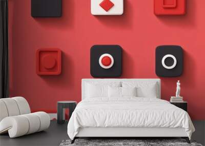 A grid of colorful, minimalist app icons on a red background. Wall mural